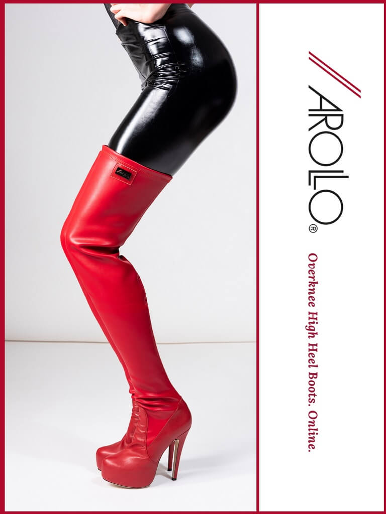 thigh high red flat boots